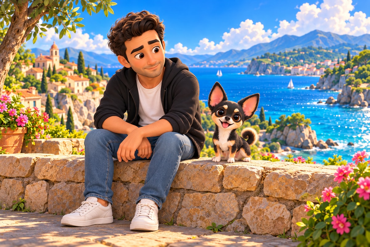 Isaías y Rey comparten un momento junto al mar, en un mundo de animación 3D.