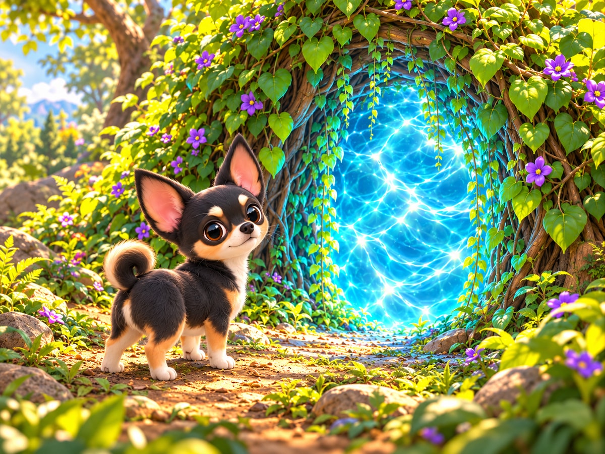 Rey mira con curiosidad un portal de agua luminosa entre enredaderas y flores.